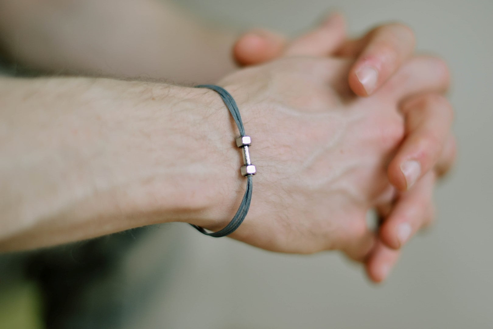 Silver Dumbbell bracelet for men, gray cord, weights charms, workout jewelry for him - shani-adi-jewerly