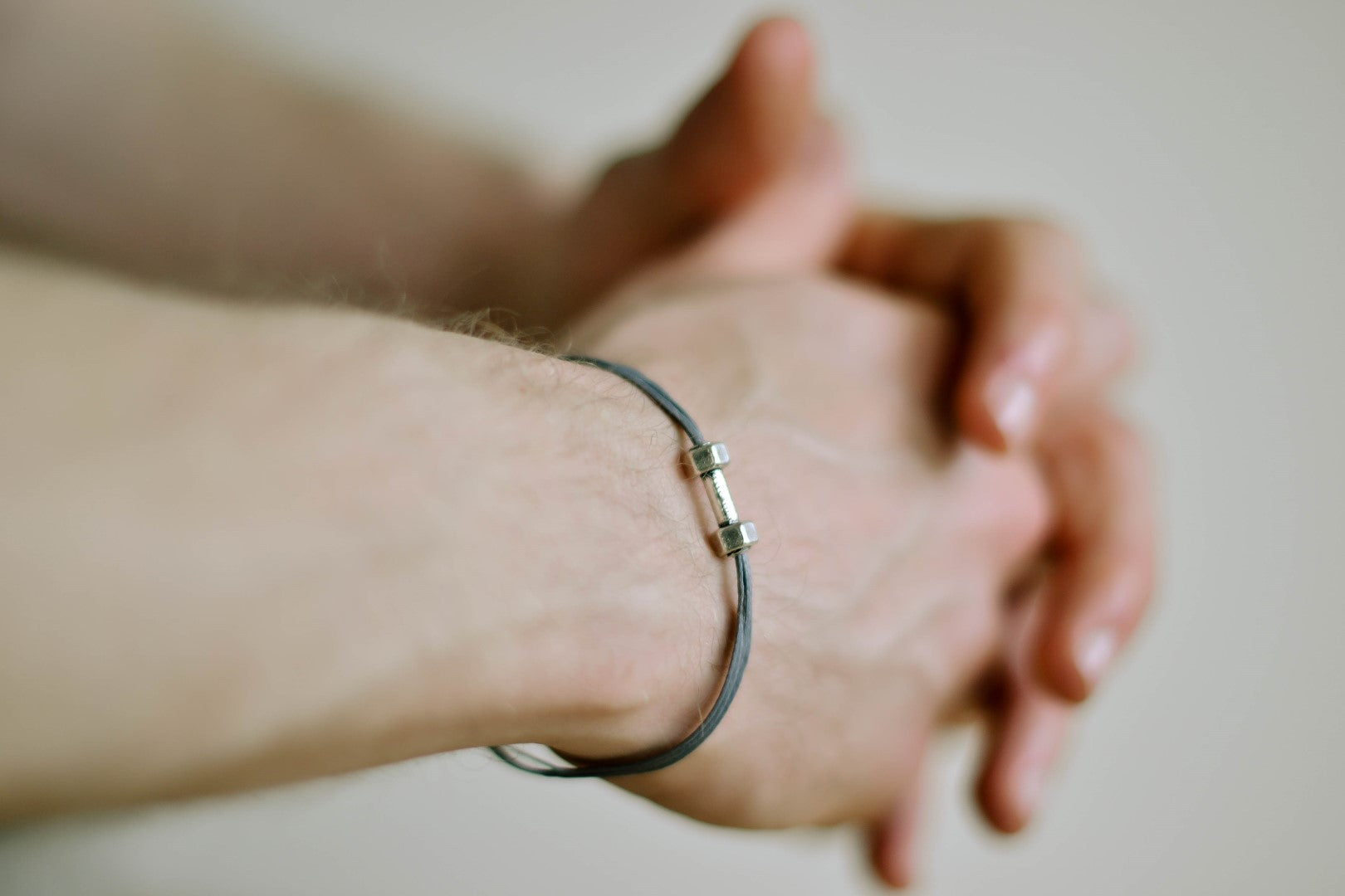 Silver Dumbbell bracelet for men, gray cord, weights charms, workout jewelry for him - shani-adi-jewerly