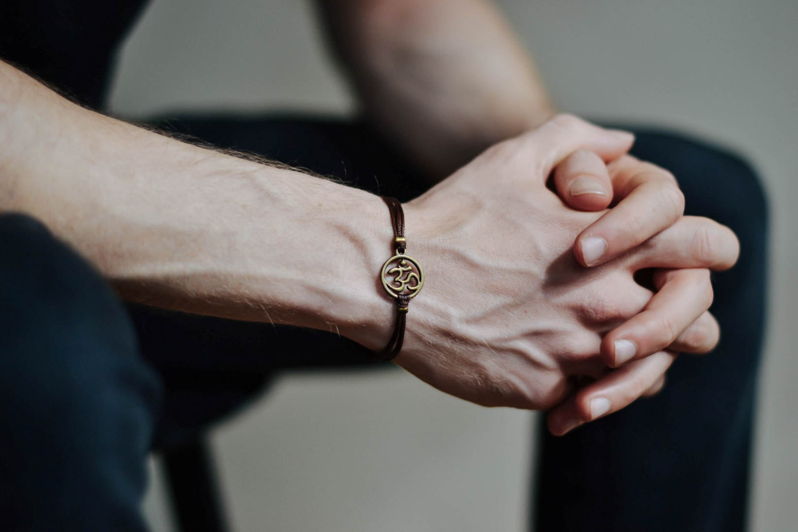 Men's bracelet with antique bronze Om charm, brown cord, fathers day gift for him - shani-adi-jewerly