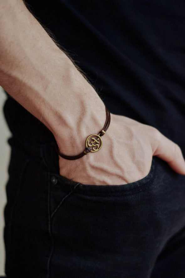 Men's bracelet with antique bronze Om charm, brown cord, fathers day gift for him - shani-adi-jewerly