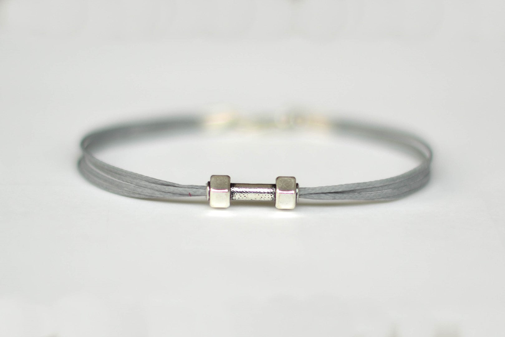 Silver Dumbbell bracelet for men, gray cord, weights charms, workout jewelry for him - shani-adi-jewerly