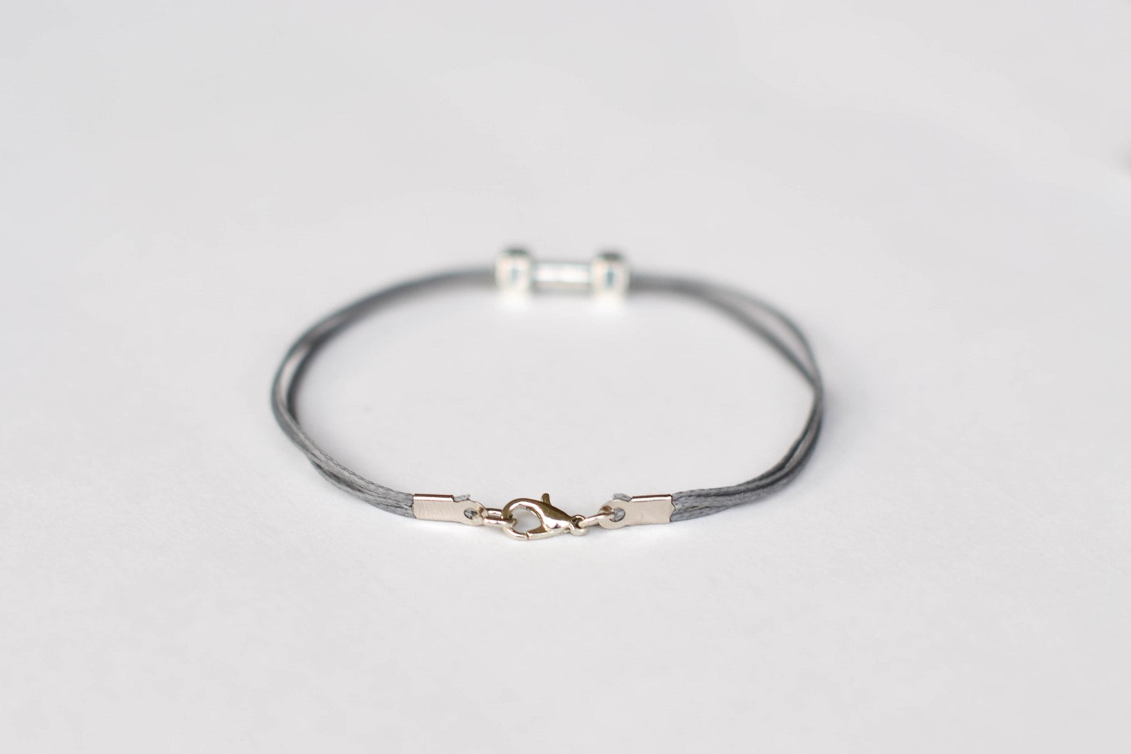 Silver Dumbbell bracelet for men, gray cord, weights charms, workout jewelry for him - shani-adi-jewerly