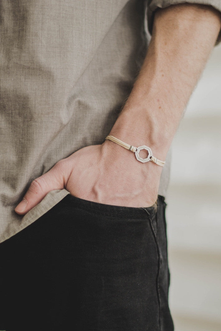 Bracelet for men, silver hexagon charm bracelet for him, beige cord, fathers day gift for him - shani-adi-jewerly