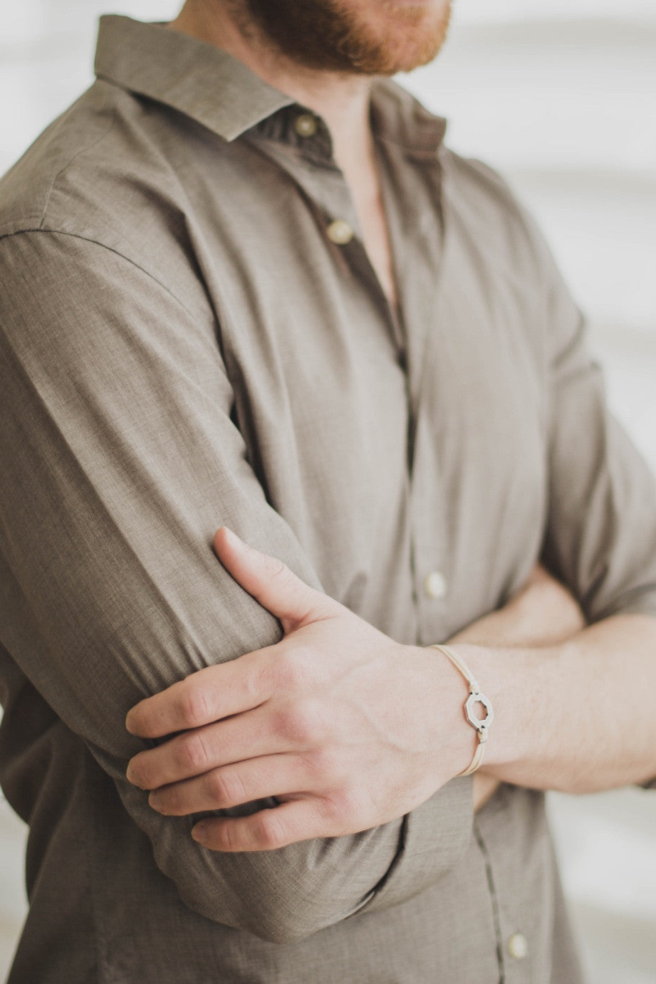 Bracelet for men, silver hexagon charm bracelet for him, beige cord, fathers day gift for him - shani-adi-jewerly
