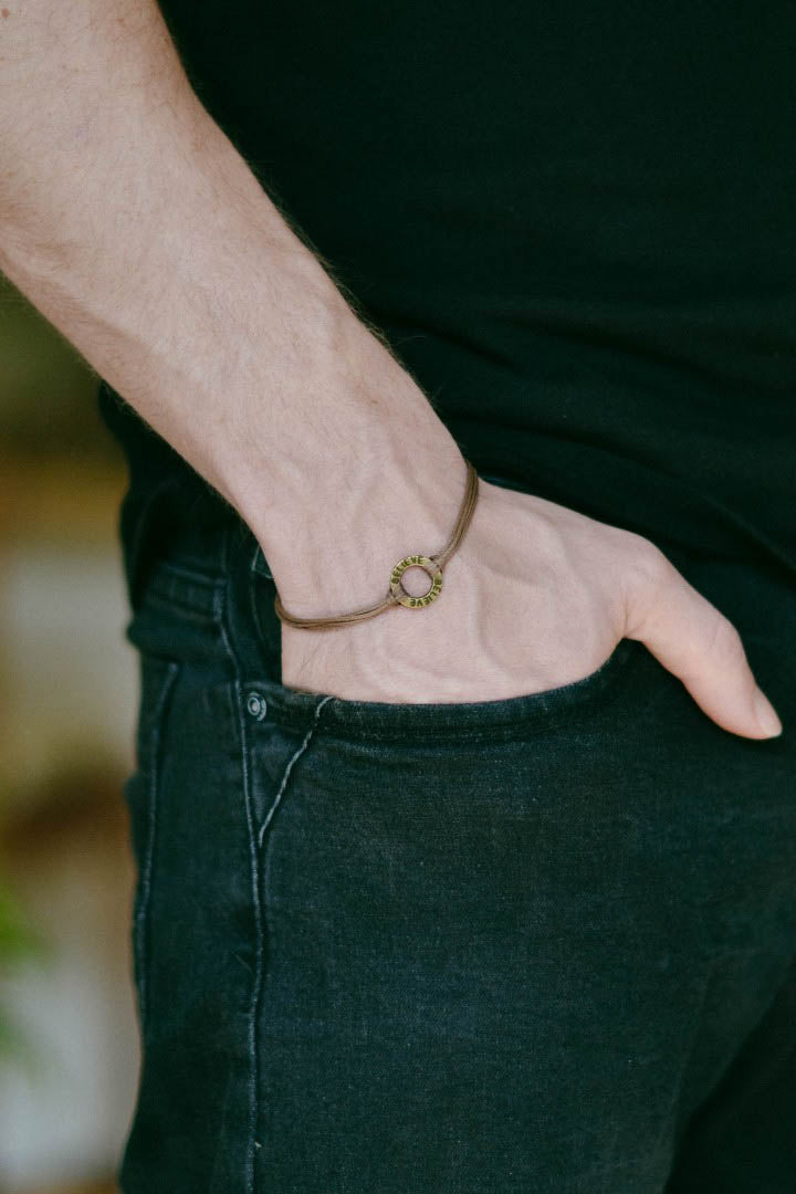 Bronze circle Believe bracelet for men, brown cord, Karma bracelet, fathers gift for him - shani-adi-jewerly