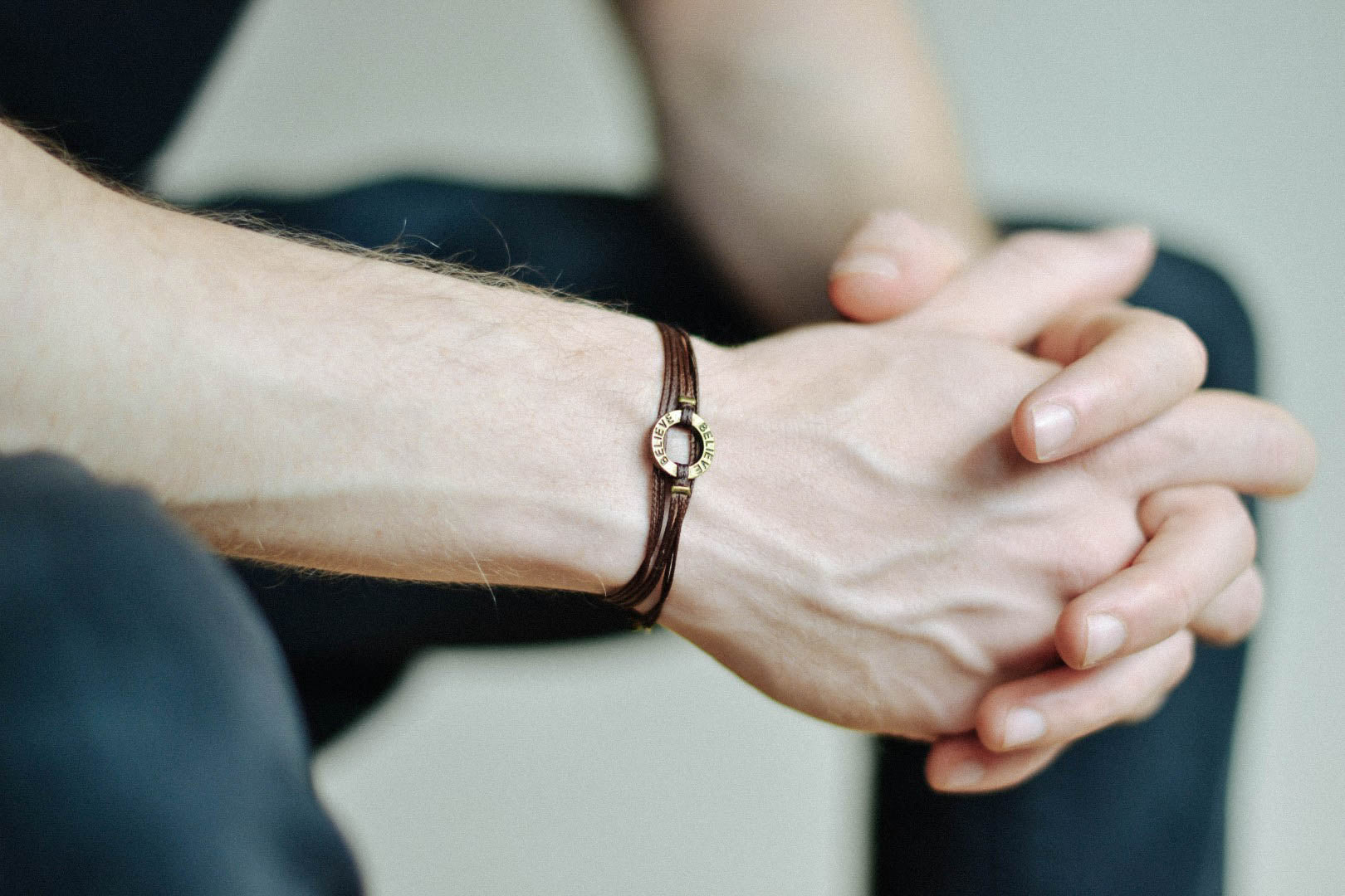 Believe wrapped bracelet for men, bronze charm brown cord - shani-adi-jewerly