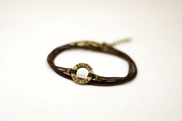 Wrapped believe bracelet, bronze charm, brown cord, mothers day gift - shani-adi-jewerly