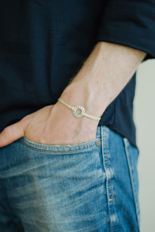 Adjustable silver karma circle bracelet for men, beige cord, yoga jewelry - shani-adi-jewerly