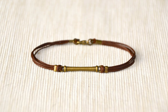 Brown cord bracelet for men with long bronze bar - shani-adi-jewerly