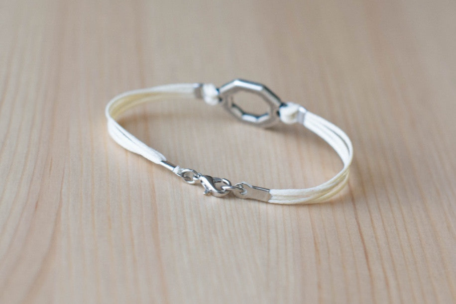 Bracelet for men, silver hexagon charm bracelet for him, beige cord, fathers day gift for him - shani-adi-jewerly