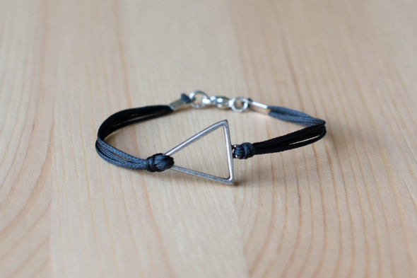 Silver triangle bracelet for men, mens bracelet with a black cord - shani-adi-jewerly