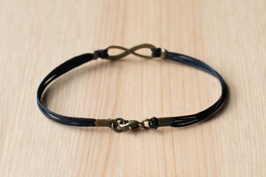 Bronze Infinity bracelet for men, black cord -  for him - shani-adi-jewerly