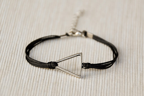 Womens bracelet with silver triangle, Geometric bracelet, black cord - shani-adi-jewerly