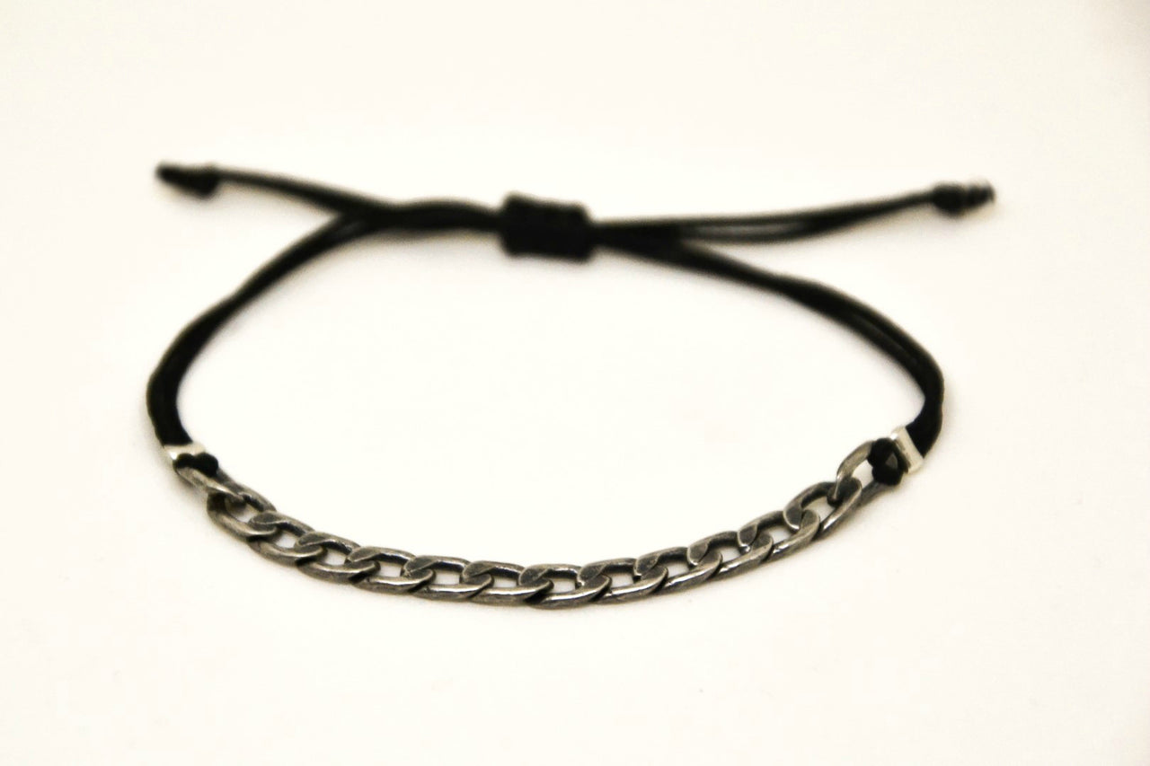 Adjustable cord bracelet with silver flat chain charm, black string - shani-adi-jewerly