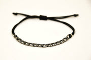 Adjustable cord bracelet with silver flat chain charm, black string - shani-adi-jewerly