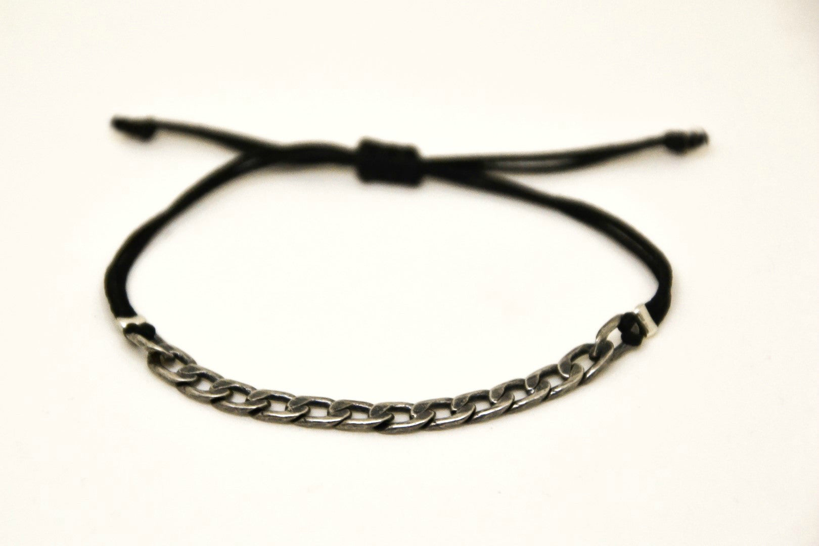 Adjustable cord bracelet with silver flat chain charm, black string - shani-adi-jewerly