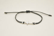 Silver cross charm bracelet, gray cord, adjustable sliding knot - shani-adi-jewerly