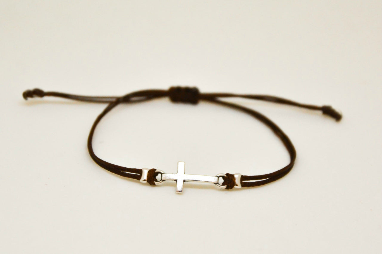 Women bracelet with silver cross charm, brown cord - shani-adi-jewerly