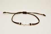Women bracelet with silver cross charm, brown cord - shani-adi-jewerly