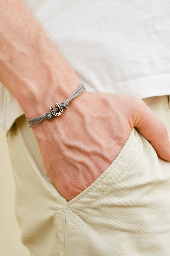 Silver Horseshoe bead bracelet for men, gray cords - shani-adi-jewerly