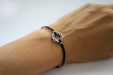 Karma bracelet, silver braided circle charm and black string, yoga jewelry - shani-adi-jewerly