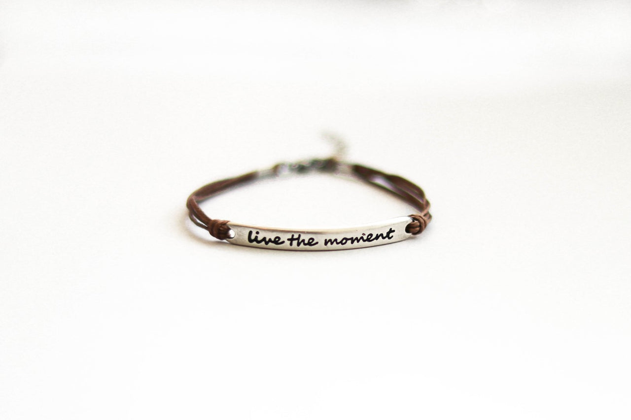 Silver Live the moment bracelet for women, brown cord, yoga jewelry, gift for her - shani-adi-jewerly