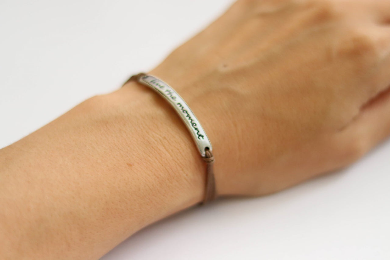 Silver Live the moment bracelet for women, brown cord, yoga jewelry, gift for her - shani-adi-jewerly