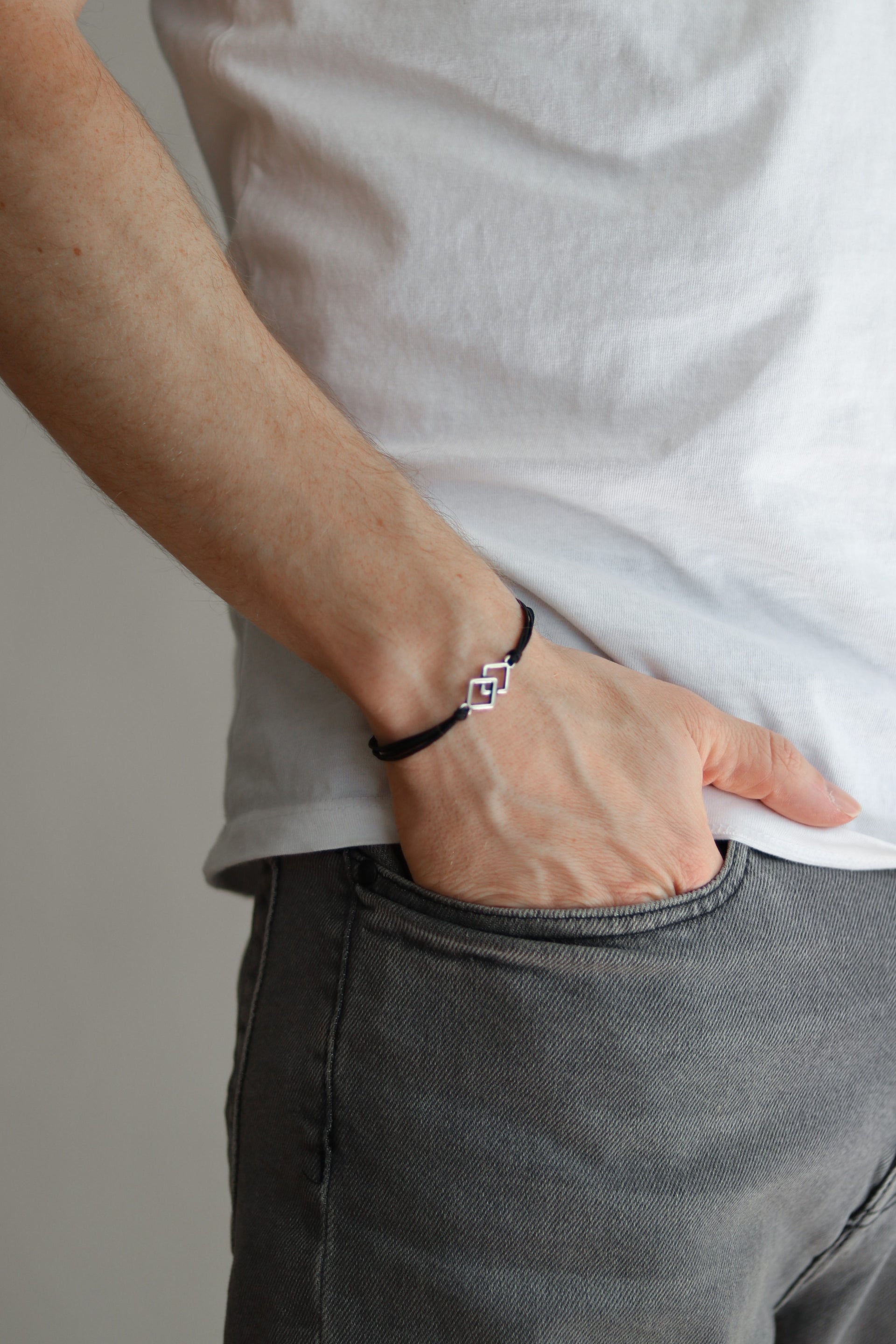 Bracelet for men, silver double rhombus bracelet for him, black cord - shani-adi-jewerly