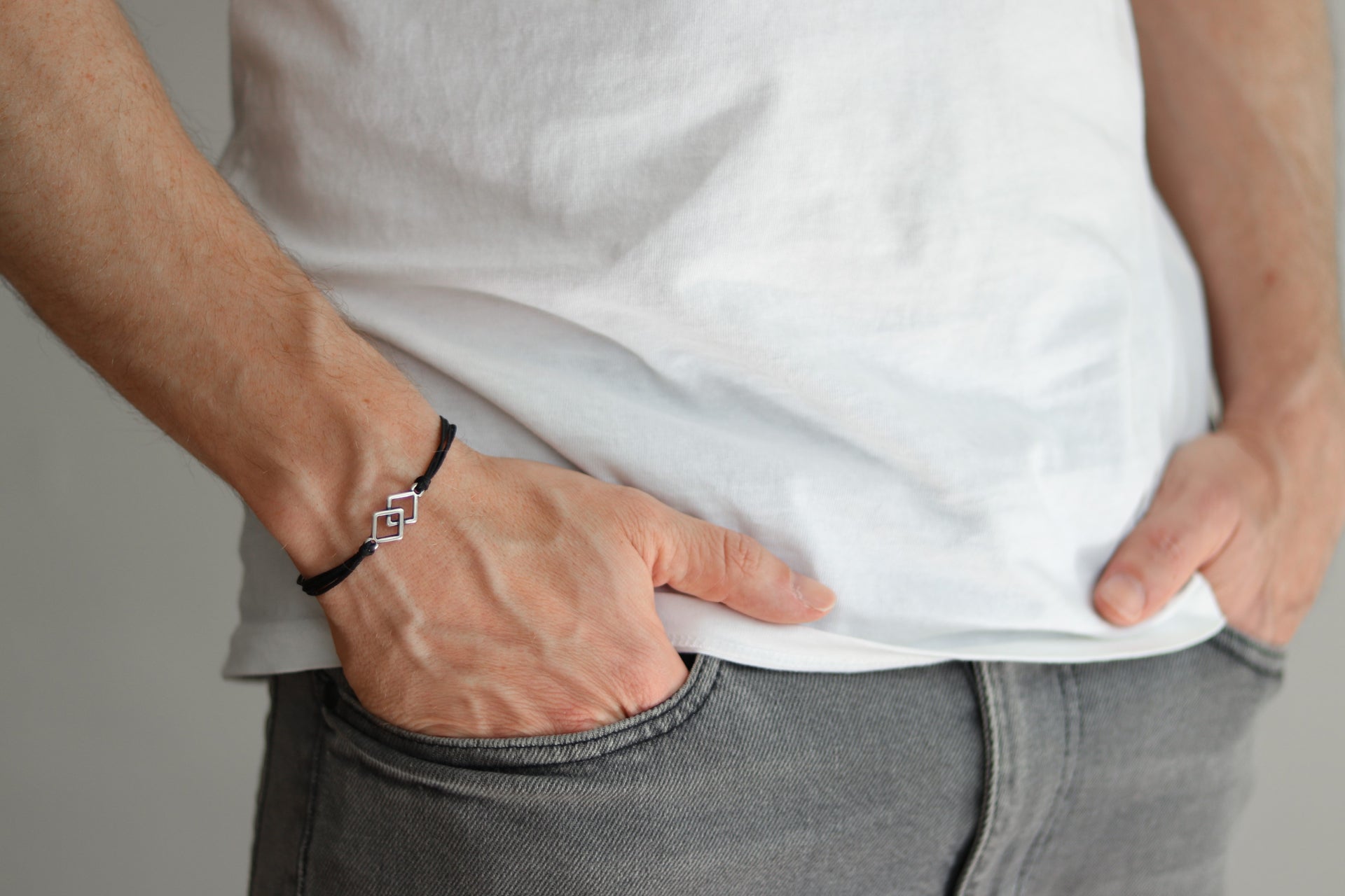 Bracelet for men, silver double rhombus bracelet for him, black cord - shani-adi-jewerly