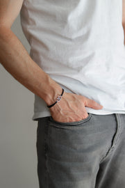 Bracelet for men, silver double rhombus bracelet for him, black cord - shani-adi-jewerly