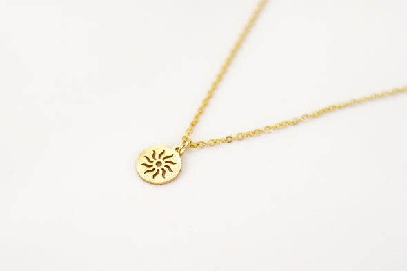 Gold tone circle sun necklace for women, stainless steel chain necklace