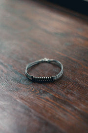 Long striped silver bar bracelet for men, gray cord - shani-adi-jewerly