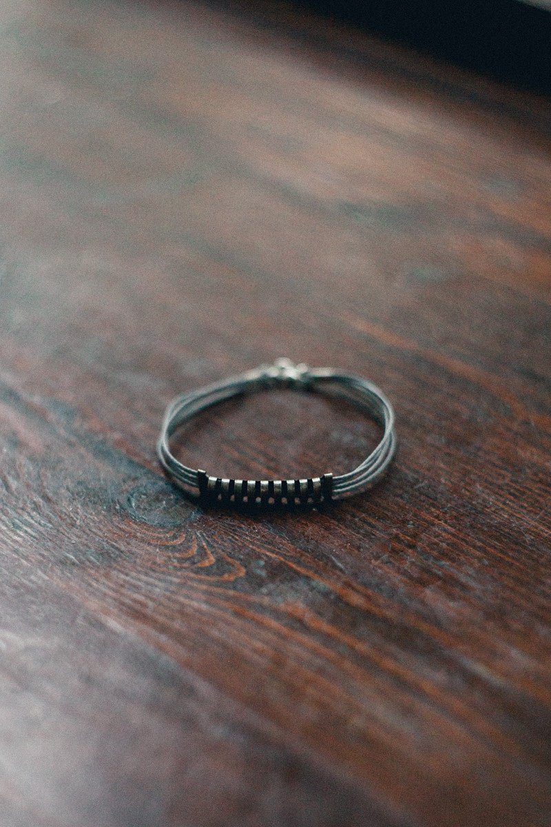 Long striped silver bar bracelet for men, gray cord - shani-adi-jewerly