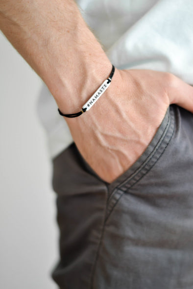 Silver Namaste charm bracelet for men, black cord, gift for him - shani-adi-jewerly