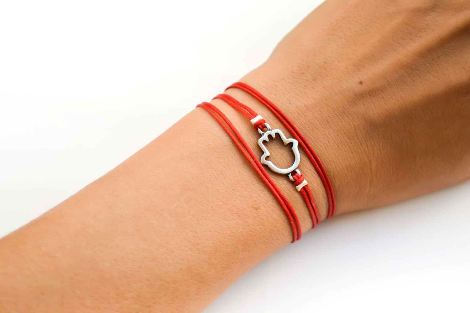 Red wrapped bracelet with a silver Hamsa charm, Kabbalah bracelet - shani-adi-jewerly
