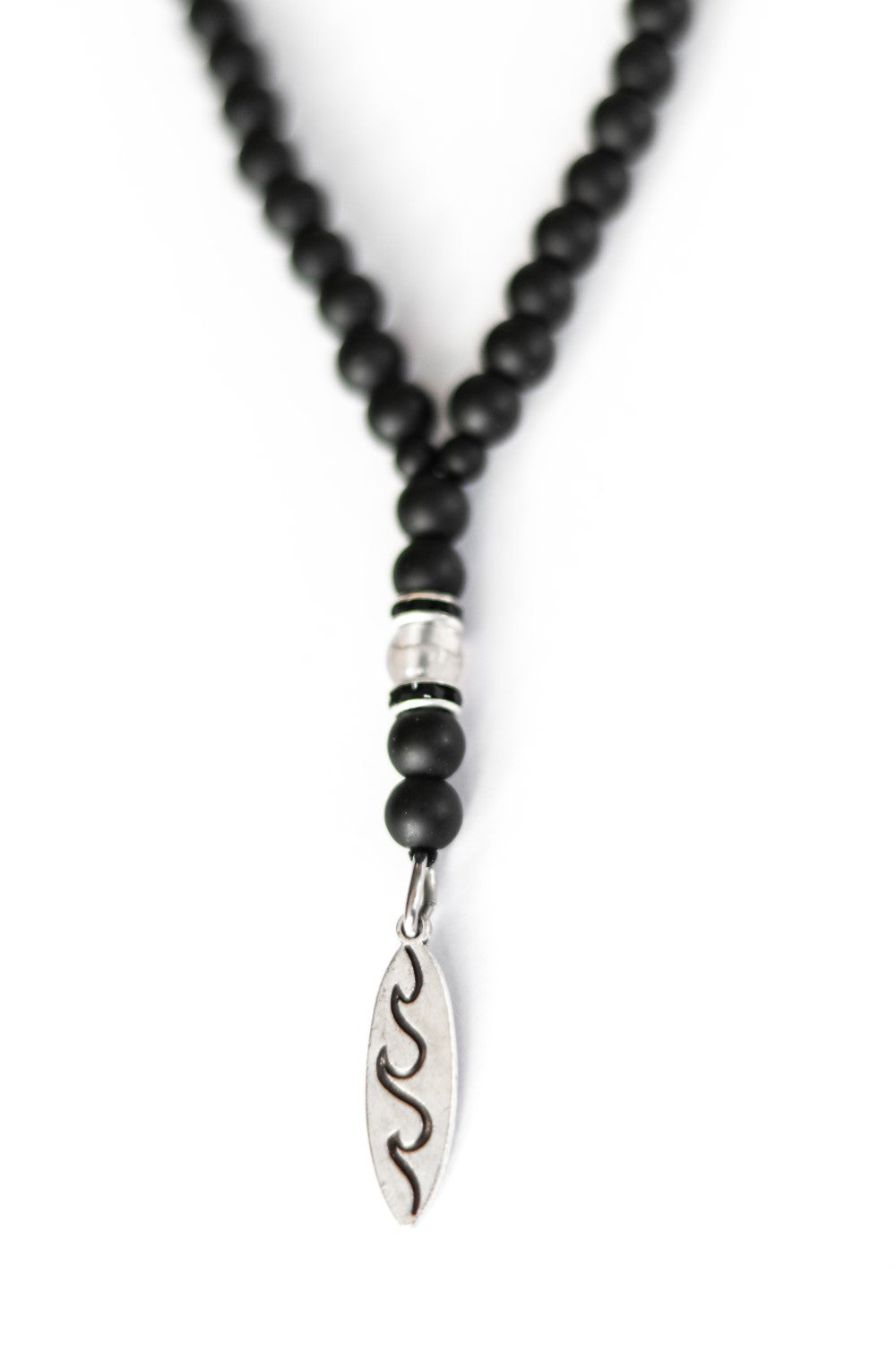 Mala beads necklace for men, Black Beaded necklace, men's necklace with Vein Agate beads, waves pendant, gift for him, surfer necklace
