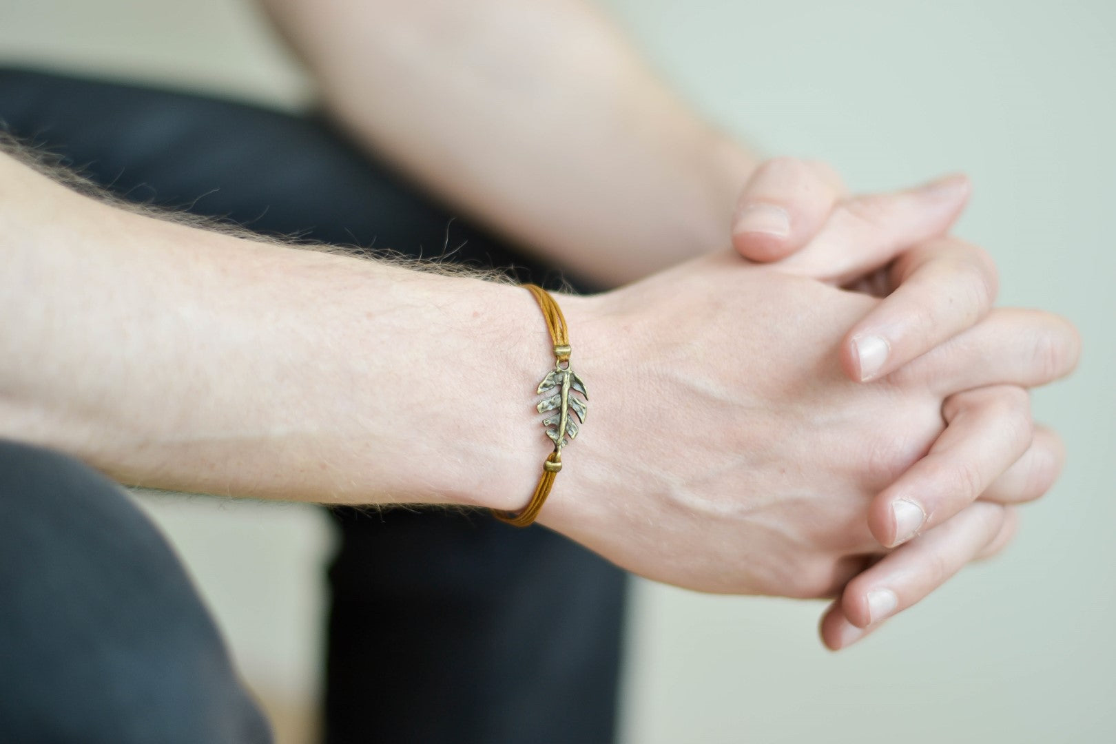 Bronze Leaf bracelet for men, brown cord - shani-adi-jewerly