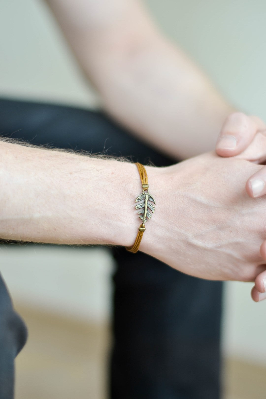 Bronze Leaf bracelet for men, brown cord - shani-adi-jewerly