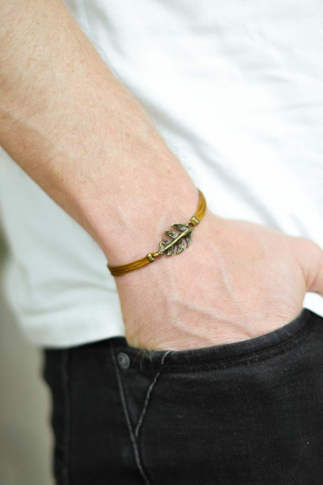 Bronze Leaf bracelet for men, brown cord - shani-adi-jewerly