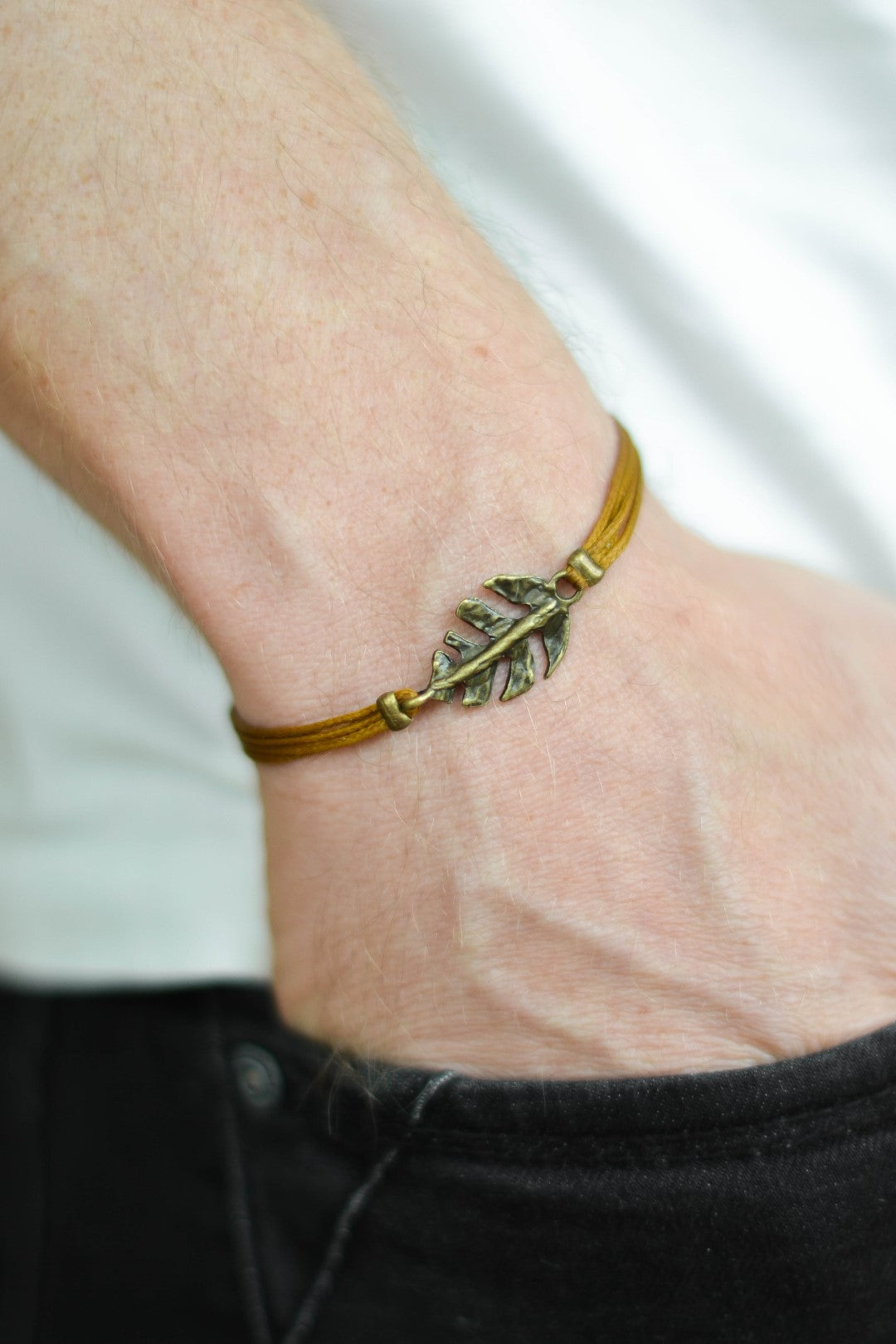 Bronze Leaf bracelet for men, brown cord - shani-adi-jewerly