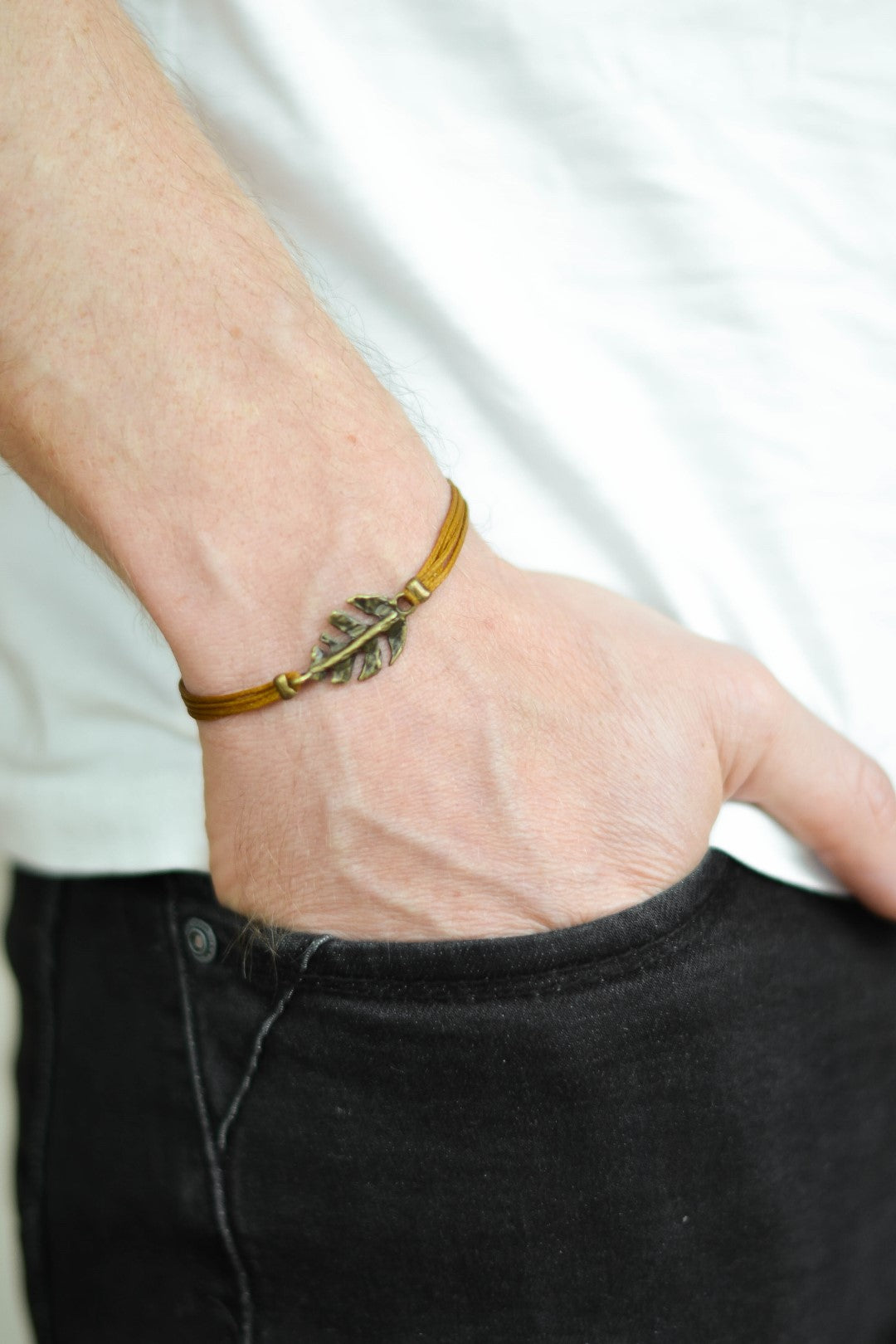 Bronze Leaf bracelet for men, brown cord - shani-adi-jewerly