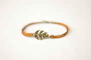 Bronze Leaf bracelet for men, brown cord - shani-adi-jewerly