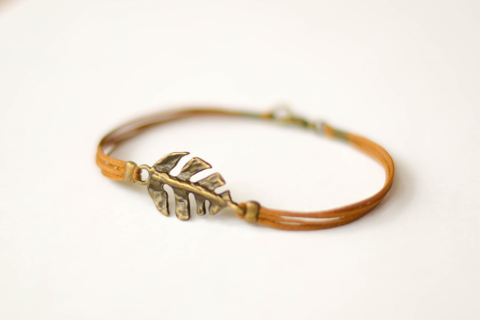Bronze Leaf bracelet for men, brown cord - shani-adi-jewerly