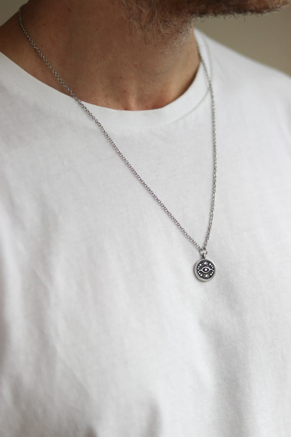 Eye necklace for men, groomsmen gift, men's necklace silver evil eye pendant, stainless chain necklace, gift for him, necklace, minimalist