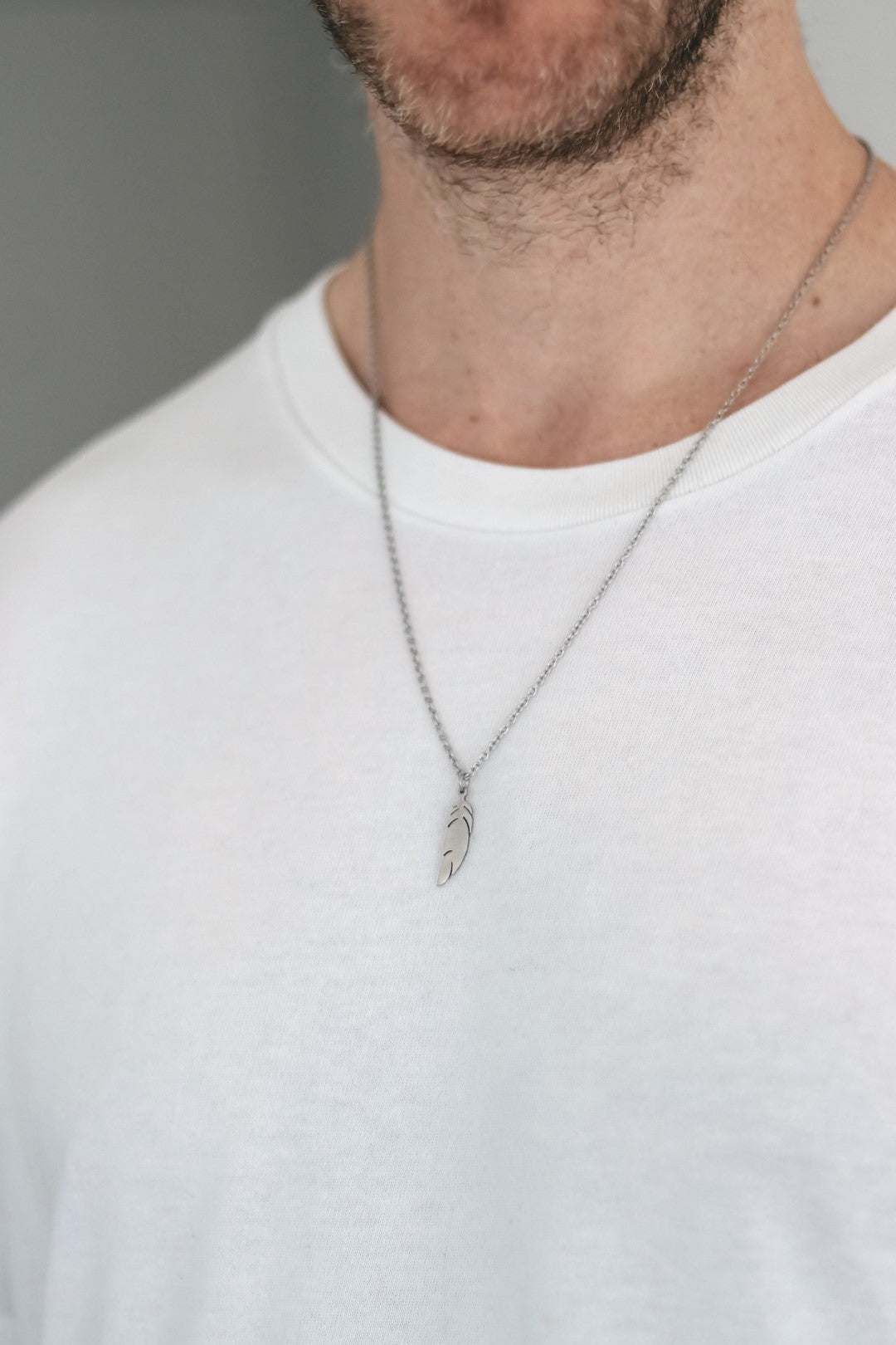 Silver feather necklace for men, stainless steel chain necklace, waterproof - shani-adi-jewerly