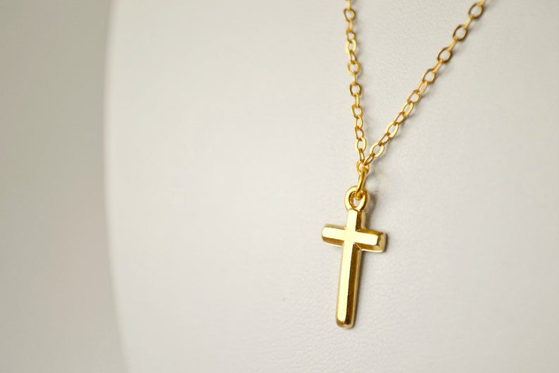 Cross necklace for women gold tone chain, Christian catholic jewelry