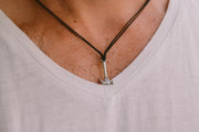 Silver hammer necklace for men, black cord - shani-adi-jewerly