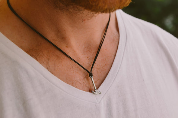 Silver hammer necklace for men, black cord - shani-adi-jewerly