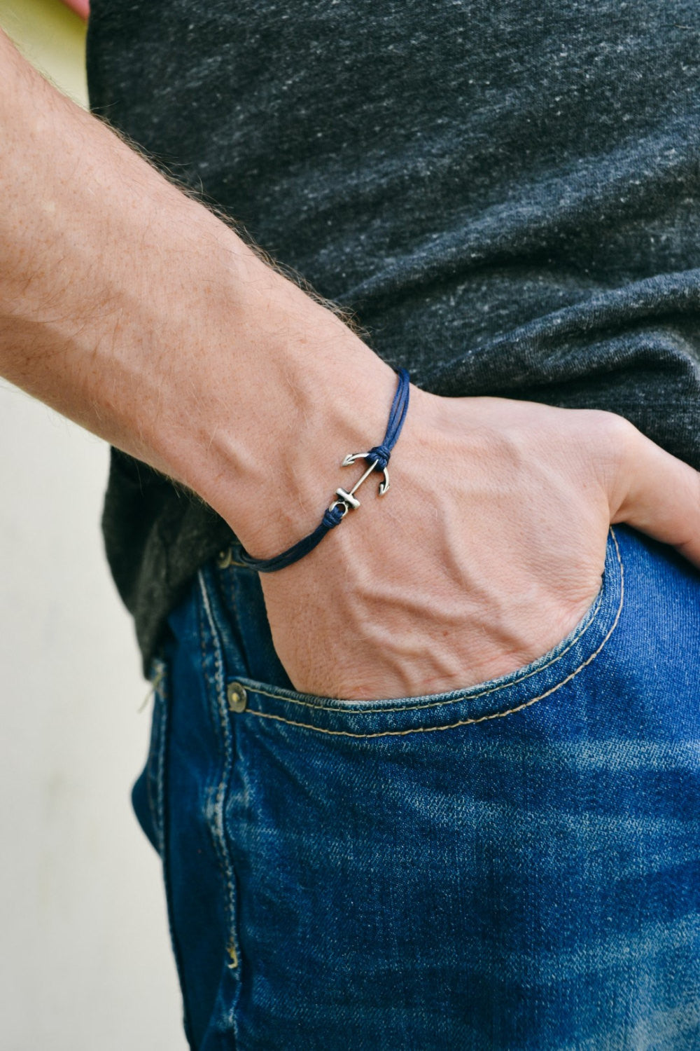 Silver anchor bracelet for men, blue cord - shani-adi-jewerly