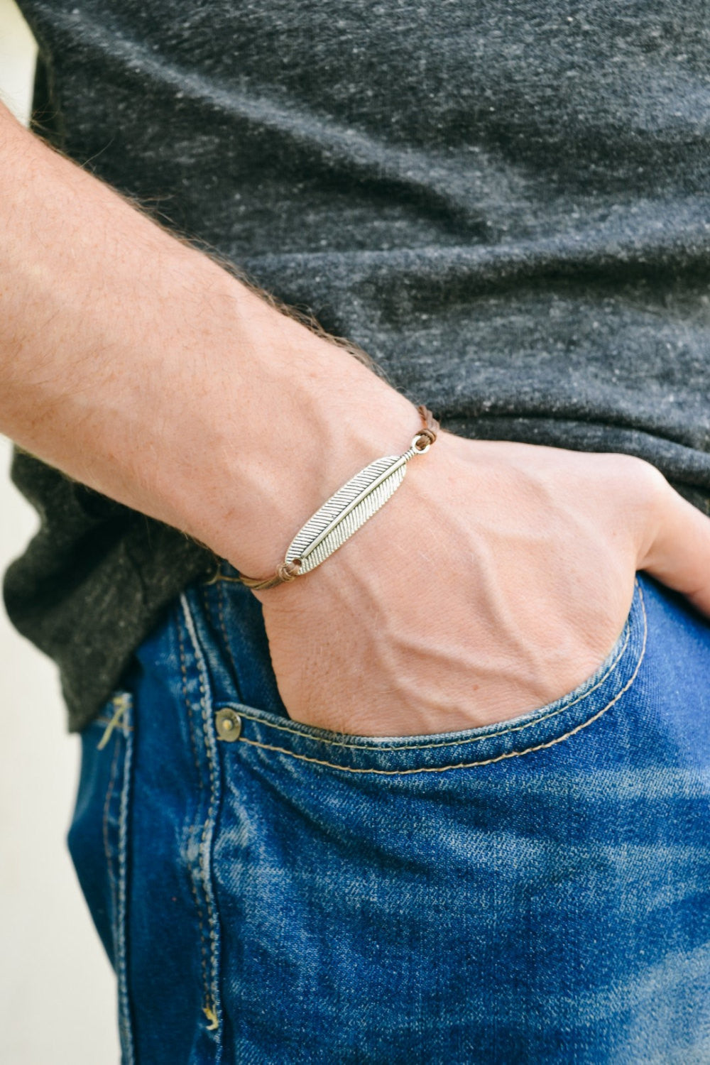 Silver feather bracelet for men, brown cord - shani-adi-jewerly